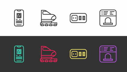 Set line E-ticket train, High-speed, Electrical outlet and Ticket office to buy tickets on black and white. Vector