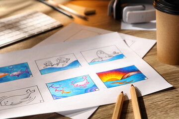 Storyboard with cartoon sketches at workplace. Pre-production process