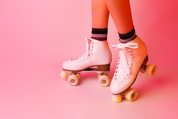 Sports equipment and recreation - roller skates and girl’s legs on pastel pink