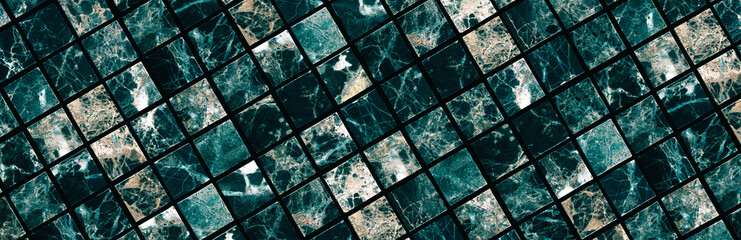Background and texture of blue marble mosaic. Panorama. Banner.