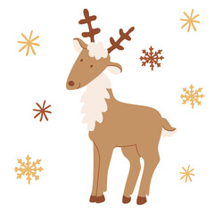 Cute  reindeer with snowflakes.  Vector hand drawn illustration isolated on white background.  Great for greeting Christmas cards. 	
Earth tones.