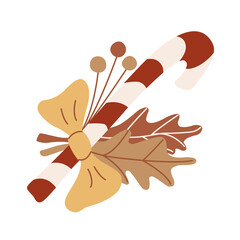 Candy cane decorated with ribbon bow and leaves and berries. Vector hand drawn illustration isolated on white background.  Great for greeting Christmas cards. Earth tones.