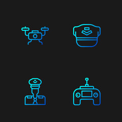 Set line Drone remote control, Pilot, flying and hat. Gradient color icons. Vector