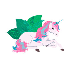 Obraz na płótnie Canvas Vector unicorn illustration. Dreamy white unicorn with pink and blue hair. Unicorn with green leaves.