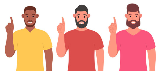 Three different men pointing up finger while standing and smiling. Concept of a great idea. Vector illustration in cartoon style.