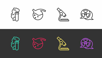 Set line Chemical explosion, Test tube and flask, Microscope and Radioactive on black and white. Vector