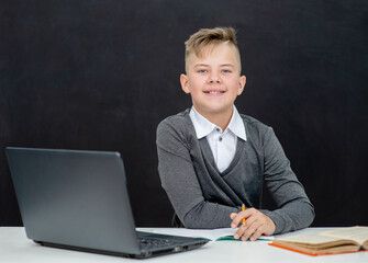 Happy teen boy sits with laptop  at school near blackboard. Distance education concept