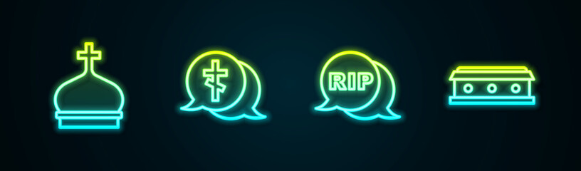 Set line Church tower, Grave with cross, Speech bubble rip death and Coffin. Glowing neon icon. Vector