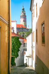 Beautiful view of the historic old town and turistics streets of Cesky Krumlov. Czech Republic.
