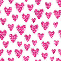 Beautiful ink pink hearts isolated on white background. Cute monochrome seamless pattern. Vector simple flat graphic hand drawn illustration. Texture.