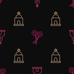 Set line Church building, Old crypt and Flower on seamless pattern. Vector