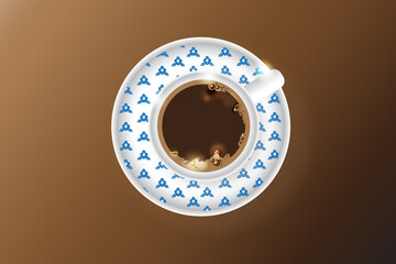 Minimal design, hot coffee cup, made of ceramic, blue floral pattern . Brown background. top view.