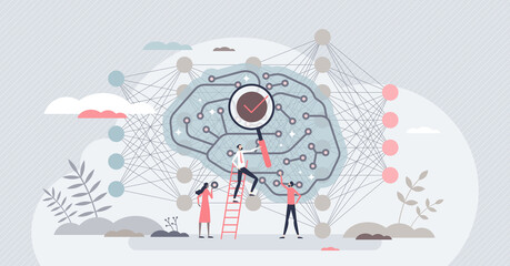 Deep learning neural network connection research for AI tiny person concept. Artificial intelligence or machine knowledge automation progress analysis vector illustration. Collect brain algorithm data - obrazy, fototapety, plakaty