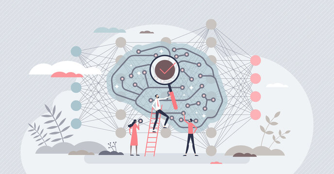 Deep learning neural network connection research for AI tiny person concept. Artificial intelligence or machine knowledge automation progress analysis vector illustration. Collect brain algorithm data