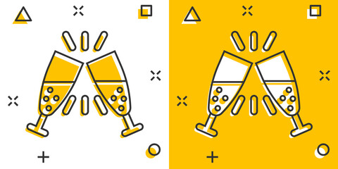 Champagne glass icon in comic style. Alcohol drink vector cartoon illustration on white isolated background. Cocktail splash effect business concept.