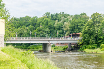 Friendship bridge over Olza river between Polish Cieszyn and Czech Cesky Tesin. Border bridge between Poland and Czech Republic. View from Czech Republic.