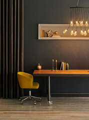 Grey background stone wall, wooden table and gold ornament, home object with decorative lamp light with curtain style.