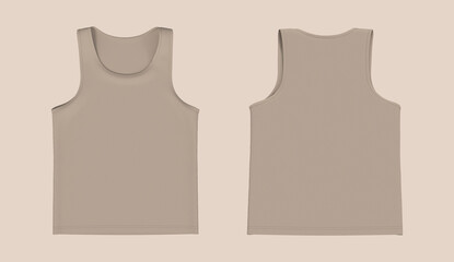 Flatlay sleeveless t-shirt mockup in front and back views, design presentation for print, 3d illustration, 3d rendering