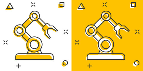Fototapeta na wymiar Robot arm icon in comic style. Mechanic manipulator cartoon vector illustration on white isolated background. Machine splash effect business concept.
