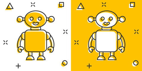 Cute robot chatbot icon in comic style. Bot operator cartoon vector illustration on white isolated background. Smart chatbot character splash effect business concept.
