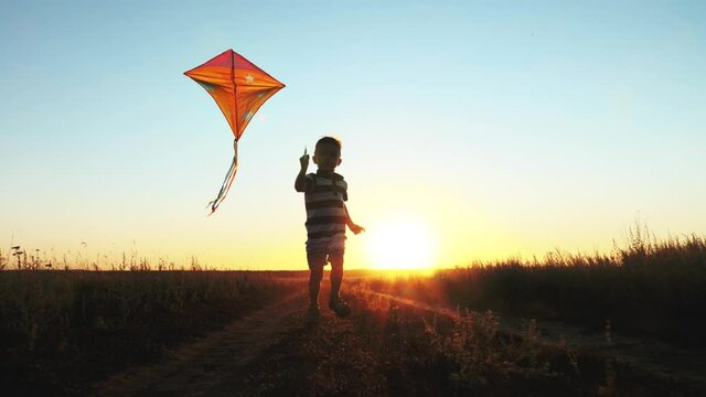 A boy playing with a kite in the meadow. Happy boy launches bright kite into sky. Lifestyle. A childhood dream.