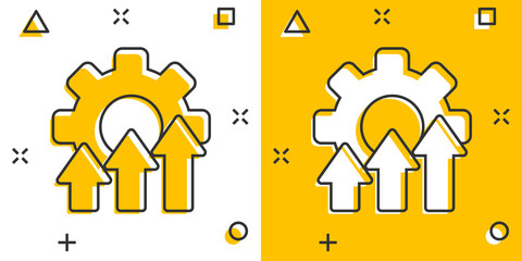 Improvement icon in comic style. Gear project cartoon vector illustration on white isolated background. Productivity splash effect business concept.