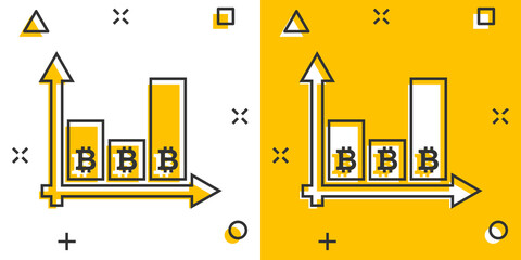 Bitcoin growth icon in comic style. Blockchain cartoon vector illustration on white isolated background. Cryptocurrency splash effect business concept.