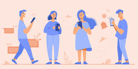 Set of people using smartphones flat illustration.