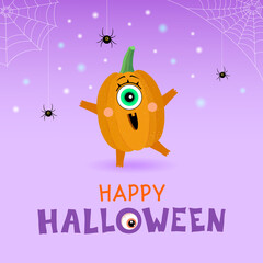 Happy Halloween card. Pumpkin character and spiders on a lilac background