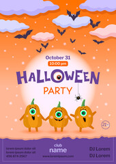 Halloween Party. Banner with pumpkin characters and bats