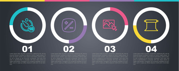 Set line Camera timer, Exposure compensation, Photo retouching and Empty photo studio. Business infographic template. Vector