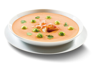Gazpacho con cangrejo sobre plato hondo. Gazpacho with crab on a deep plate.