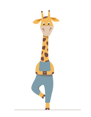 Cute cartoon giraffe stay in yoga asana. Kids animal character in tree pose.