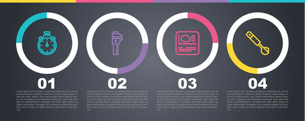 Set line Stopwatch, Calliper or caliper and scale, Area measurement and Measuring spoon. Business infographic template. Vector