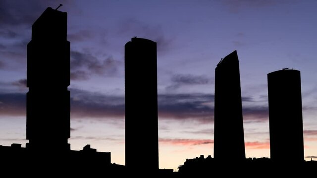 Madrid with Four Towers Skyline at Twilight, Time Lapse with Colorful Clouds