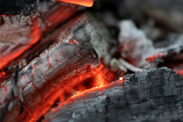 close up burning charcoal fire barbeque details. Glowing coal fireplace.