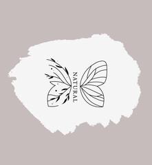 Logo for business in
the field of beauty, health, personal hygiene, make-up artist. Natural and organic cosmetics. Linear floral logo with butterfly wings. Elegant and light picture in pastel colors