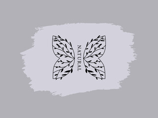 Logo for business in
the field of beauty, health, personal hygiene, make-up artist. Natural and organic cosmetics. Linear floral logo with butterfly wings. Elegant and light picture in pastel colors