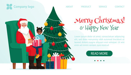 Santa Claus with a child, sitting in a chair, horizontal banner. Vector illustration in flat style
