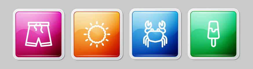 Set line Swimming trunks, Sun, Crab and Ice cream. Colorful square button. Vector