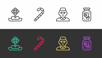 Set line Tombstone with cross, Christmas candy cane, Priest and Eye in jar on black and white. Vector