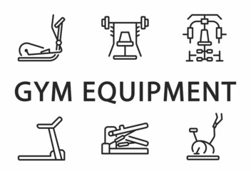 Fitness equipment flat icon set. Vector illustration sport supplies and exercise machines for gym and home. Editable strokes - obrazy, fototapety, plakaty