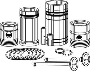 Sketch of piston, liner set, Vector rendering, Engine pistons outline, Oil filter concept, oil engine spare parts