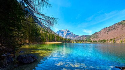 Fototapeta na wymiar Vorderer Langbathsee lake in Alps mountains, Austria. Beautiful spring landscape.