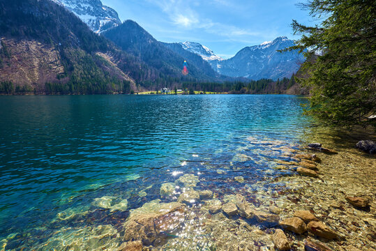 Vorderer Langbathsee lake in Alps mountains, Austria. Beautiful spring landscape. 