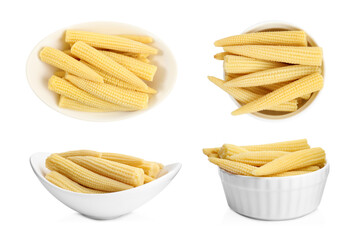 Set with tasty baby corn cobs on white background