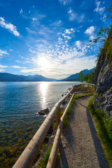 Obraz premium footbridge on Lake Wolfgang. Austrian Alps, Salzburg region.