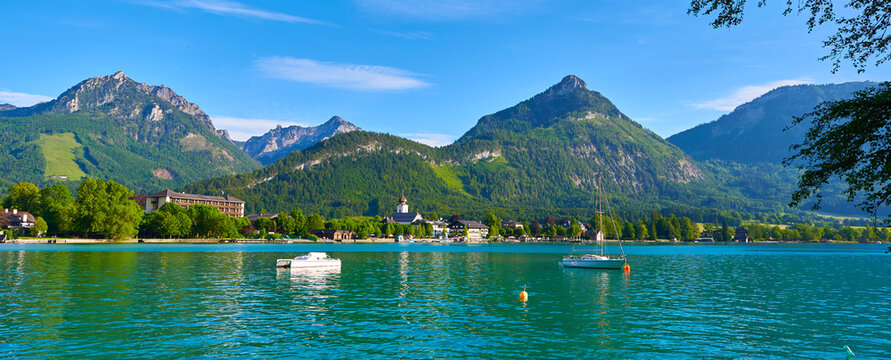 Great view of village Strobl above Wolfgang lake in Austrian Alps.