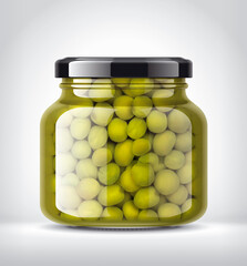 Glass Jar with Peas on Background. 