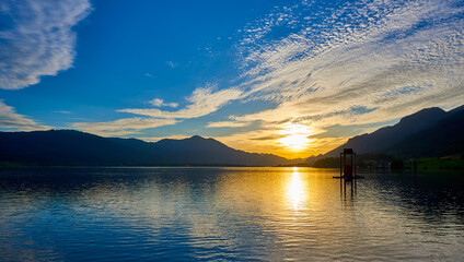 Beautiful sunset on Lake Wolfgang. Austrian Alps, Salzburg region.